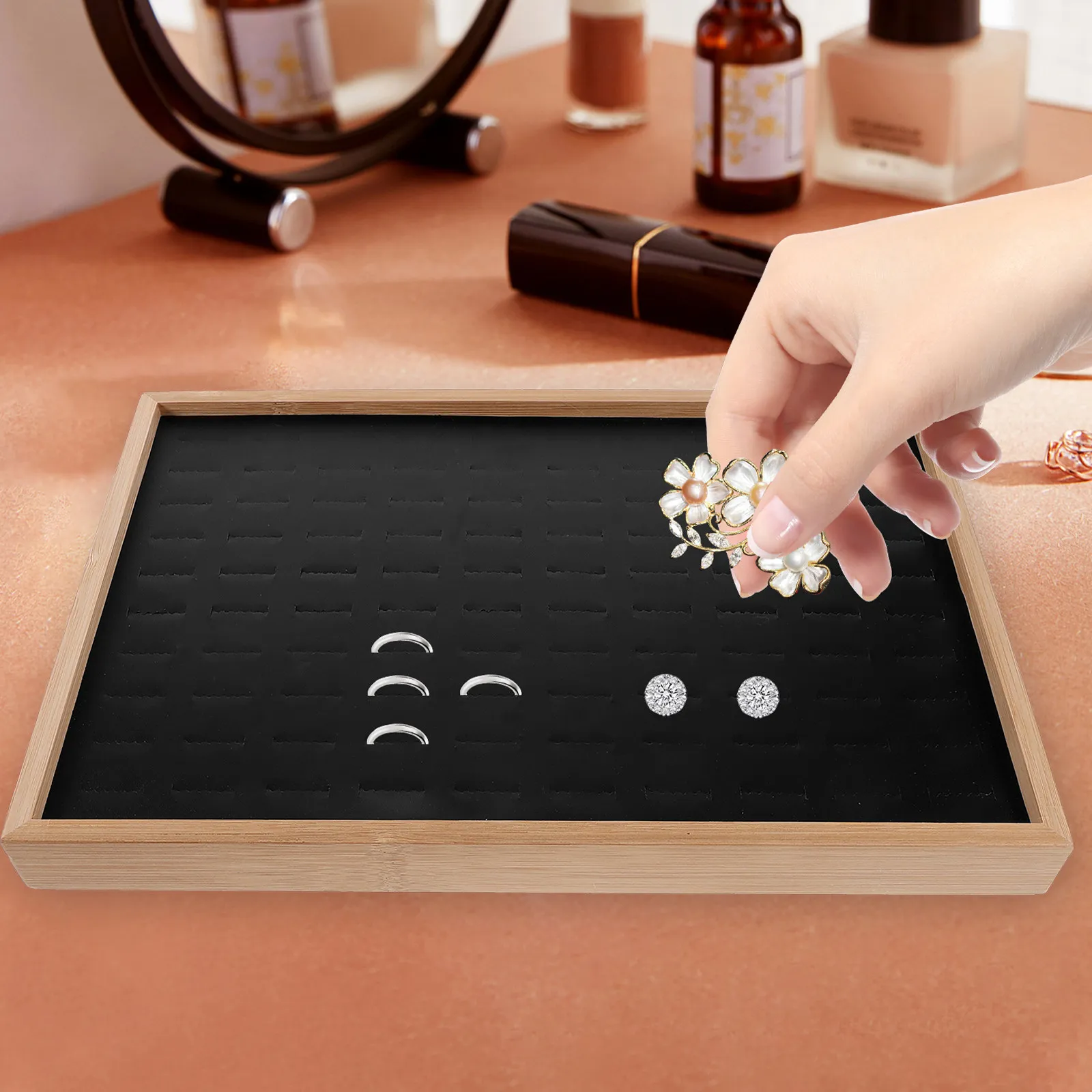 Bamboo Ring Display Tray Jewelry Organizer with Multi-Slots for Rings Earrings Necklaces Brooch Hair Clips Storage Showcase Tray