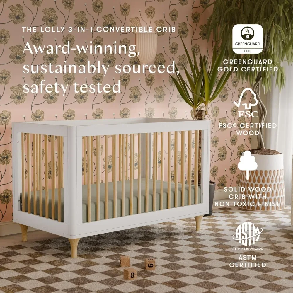 HOME.HOME.Cuna convertible Lolly 3 en 1 mejorada con kit de conversión de cama para niños pequeños en blanco y natural, certificación Greenguard Gold