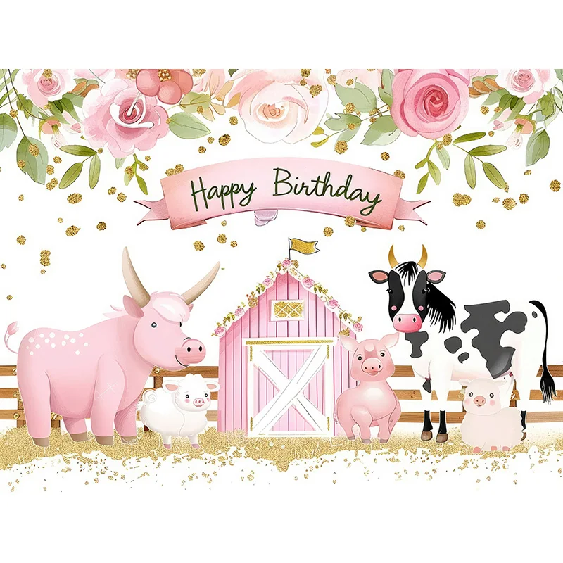 Fondos de fotografía de granja de dibujos animados con cerdo y granero, casa rosa, decoración de fiesta de feliz cumpleaños, estudio fotográfico, ZZ-01
