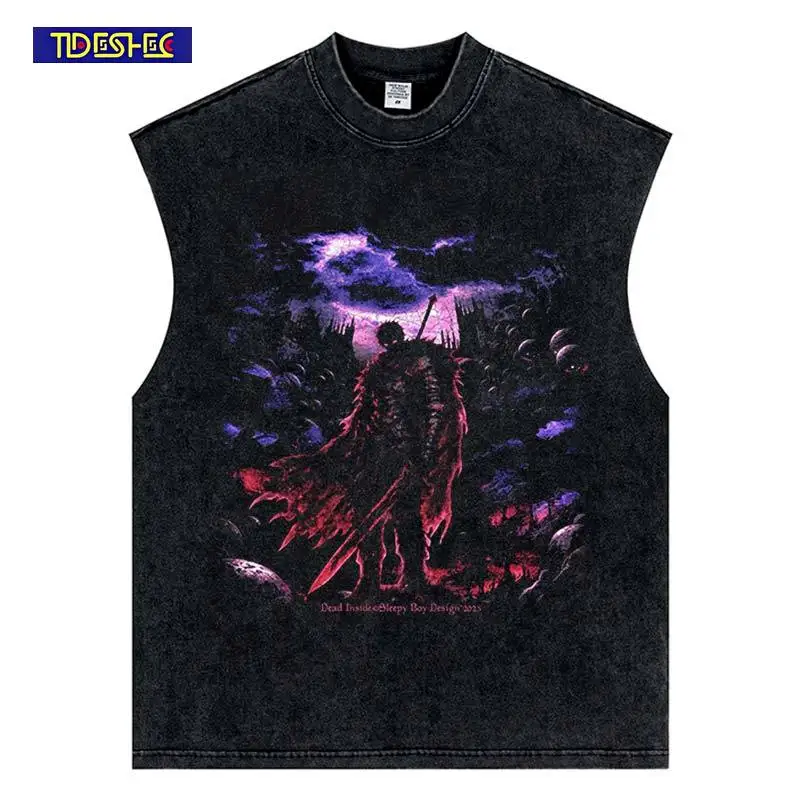 

Hip Hop Anime 2025 Punk Summer Print Vest Streetwear Vintage Harajuku Oversized Washed Tank Top Sleeveless Loose Cotton Tops