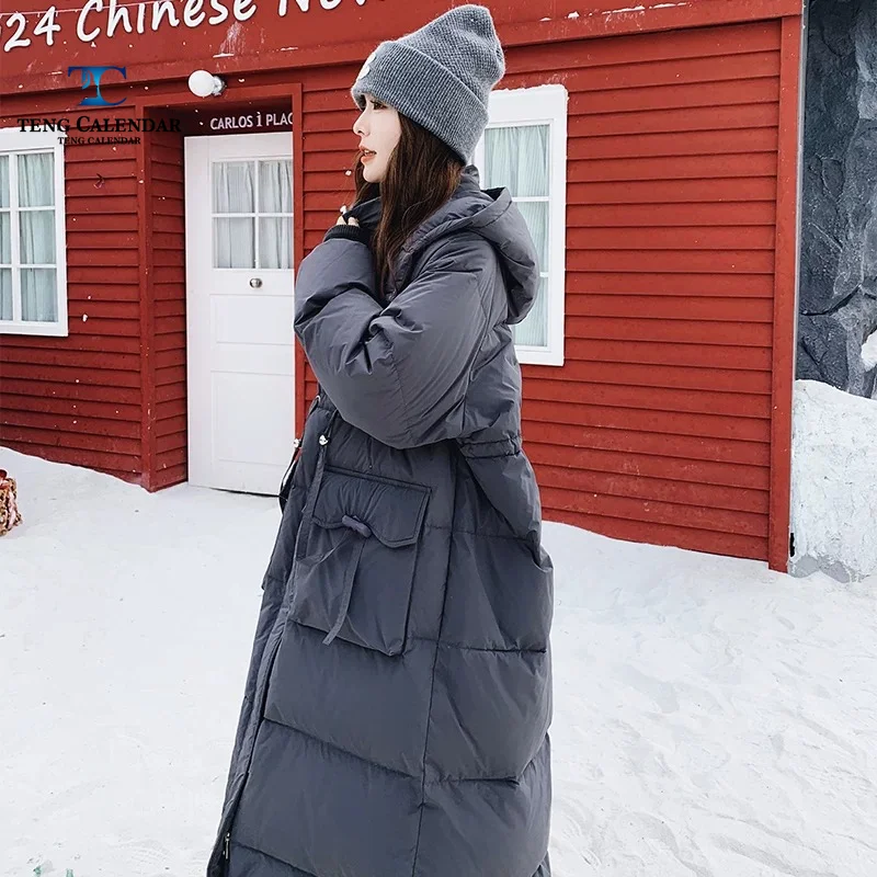 Grey Long Down Cotton Jacket, Popular Trend This Year, Thick Knee High Hooded Jacket, Women's Winter 2026 New Model