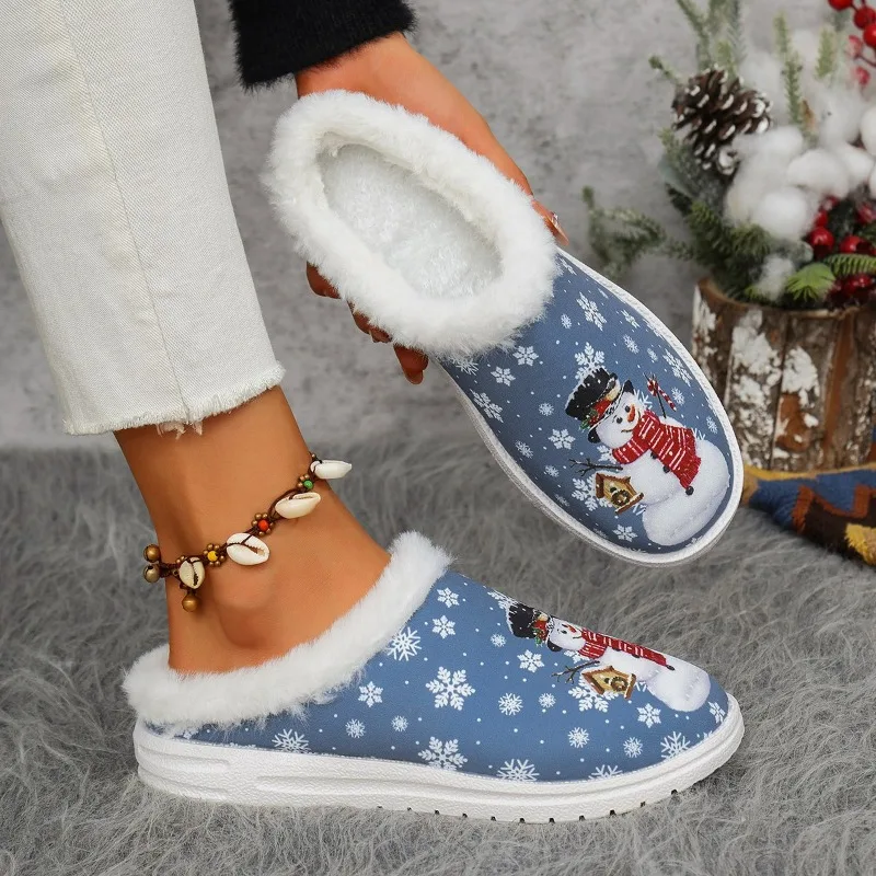 Christmas Snow Cotton Slippers for Women 2024 Winter New Style Printed Baotou Large Mao Plush Flat Bottom Women's Half Slippers