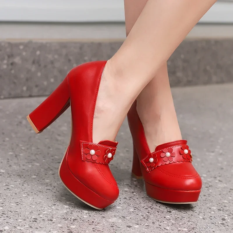 Sweet Green Flower Platform Pumps Women's High Chunky Heels White Pink Red Microfiber Party Dress Lady Slip On Round Toe Loafers view 3