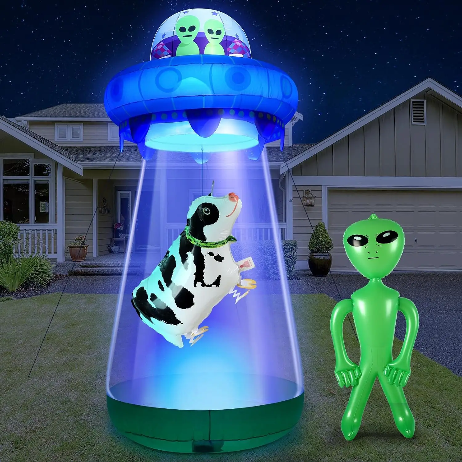 Halloween UFO Inflatable Outdoor Decor with LED 9 FT Cow Alien Blow up for Yard Garden Festive Home Decor