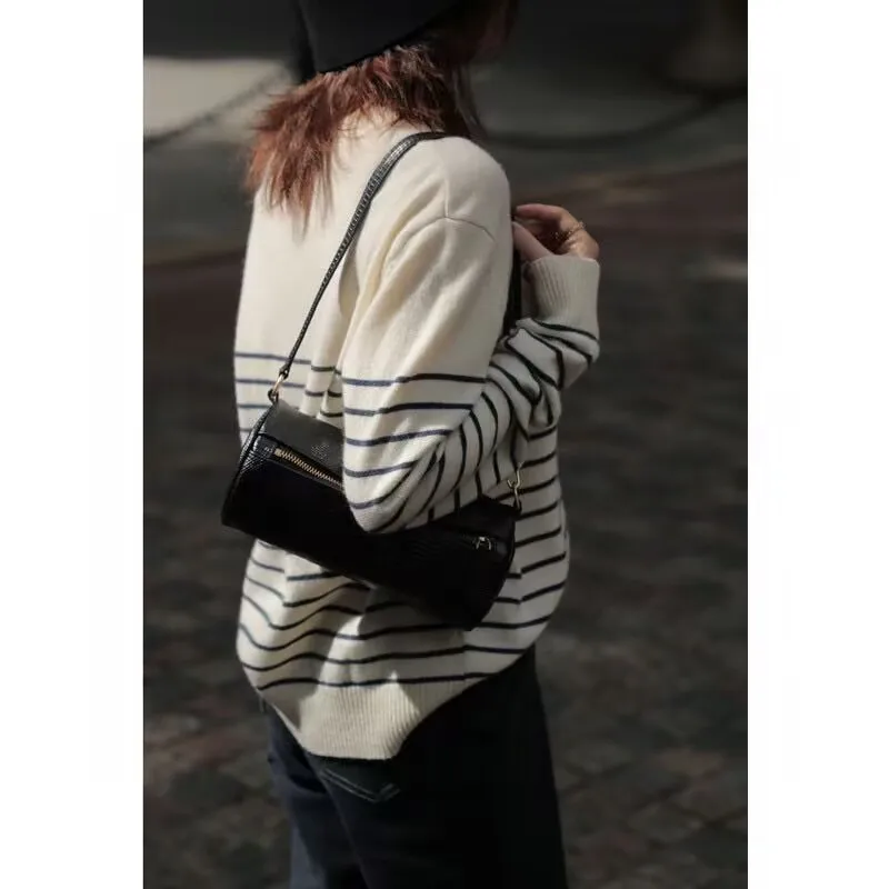 Striped worsted wool knitted sweater women's round neck, long sleeves, loose temperament, base korean fashion pullover autumn an