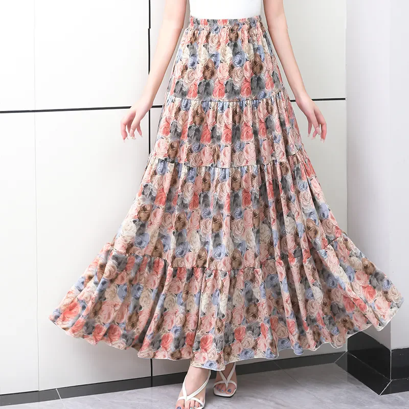 

2024 Summer New Floral Maxi Long Boho Chiffon Skirts Elastic Waist Big Flared Ankle Length Cakee Skirts