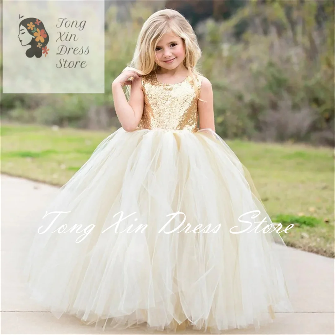 Flower Girl Dress For Wedding Sequin Tulle Puffy Sleeveless Open Back Princess Kids Birthday Party First Communion Ball Gowns