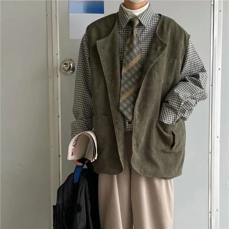 

2025 Spring Autumn Retro Japanese Corduroy Vest for Men Collarless Versatile Casual Jacket Trendy Layering Outerwear
