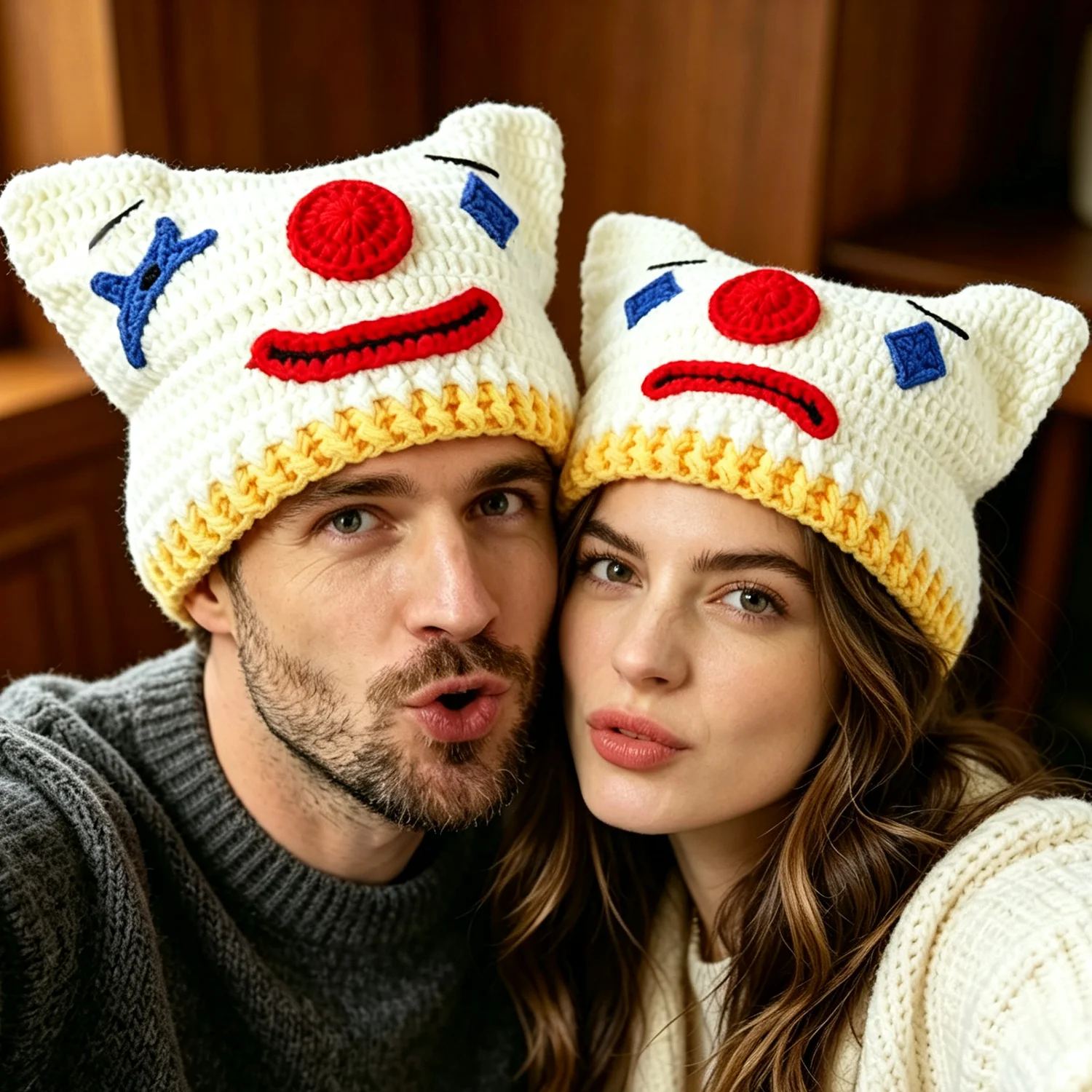 Women Handmade Knitted Clown Beanie Multi Expression Cat Ear Crochet Hat Halloween Cosplay Novelty Carnival Party Fun Cap Men