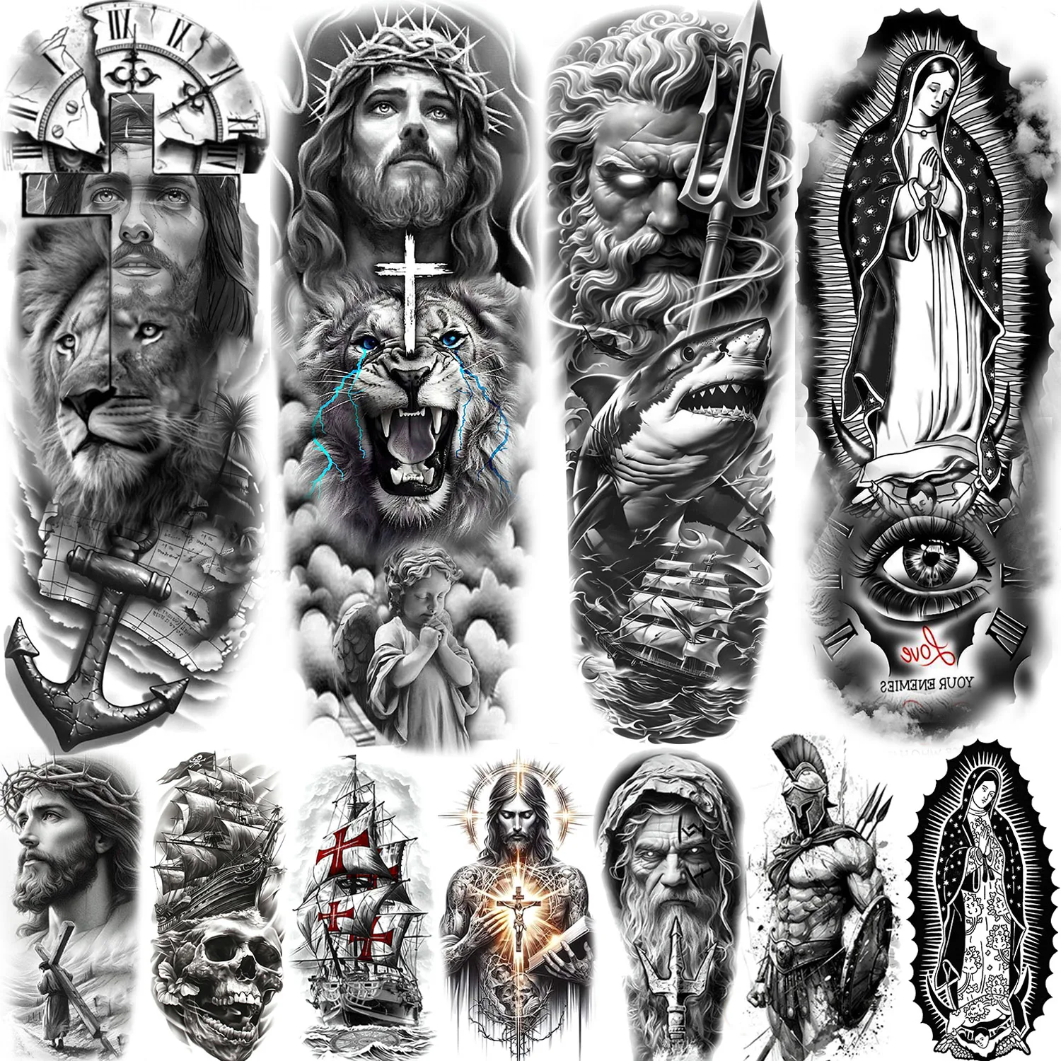

1 Sheet Long Size Zeus Jesus Full Arm Temporary Tattoos For Men Women Waterproof Realistic Fake Tattoo Sleeve Leg Tatoo Stickers