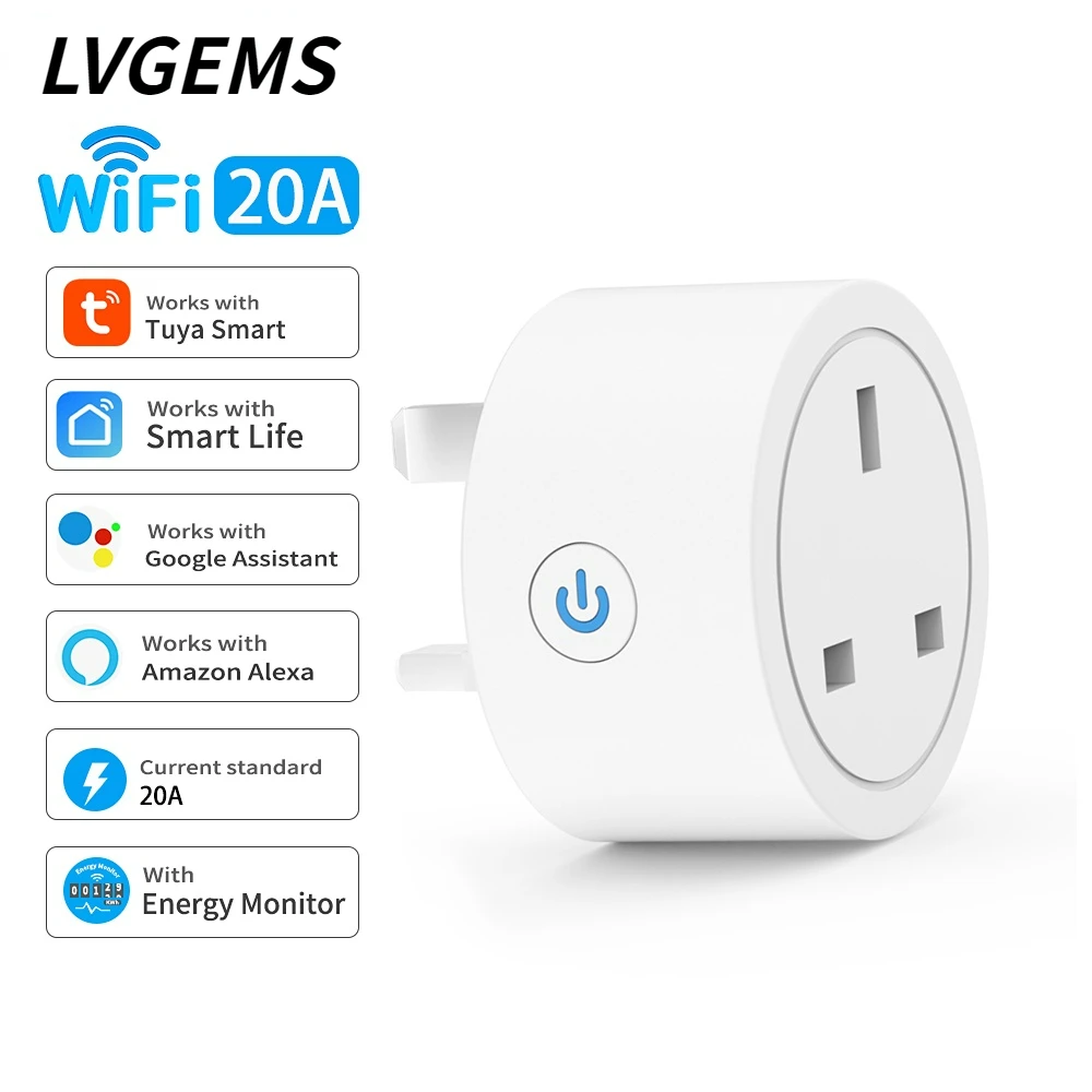 

20A Tuya Smart Socket WiFi UK Plug 3pin Adapter Home Alexa Voice Control With Energy Monitering Timer Function Power Outlet Set