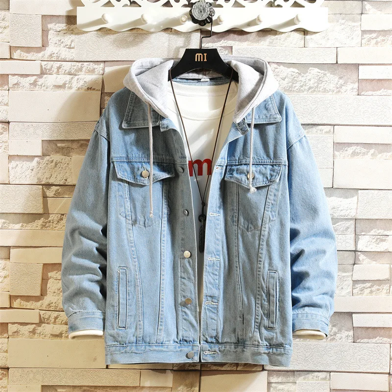 

Denim Jacket Men Hooded Casual Men Jean Jackets Streetwear Solid Color Turn Down Collar Denim Coats Men Jacktes Hat Detachable