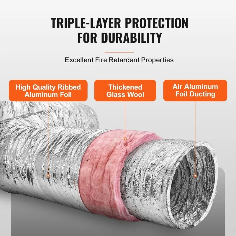 Insulated Flexible Duct R-6.0, 25 Feet Long with 2 Duct Clamps, Heavy-Duty Three Layer Protection Air Ducting Hose for HVAC