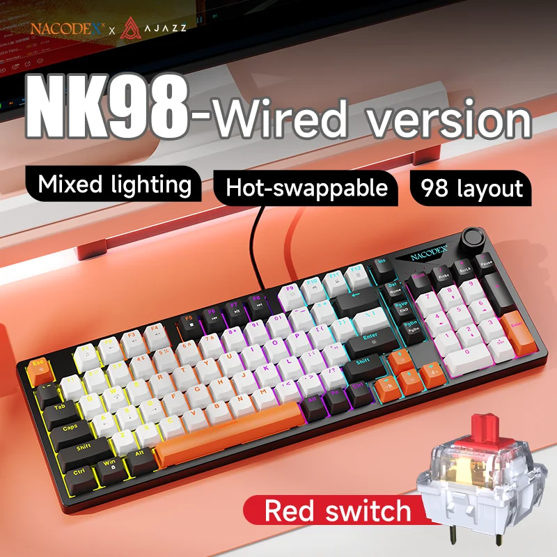 AJAZZ NK98 Hot-swappable mechanisch toetsenbord, metalen volumeknop, verlichte toetsen, bedraad toetsenbord