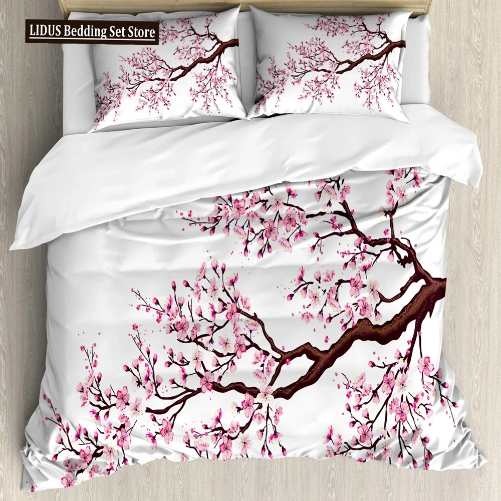 

Japanese Duvet Cover Set,Branch Of A Flourishing Sakura Tree Flower Cherry Blossoms Spring Theme Art Japan Bedding Set Full Size