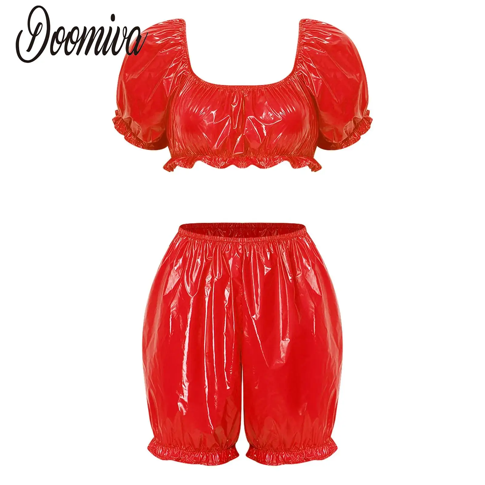 Women Waterproof Vinyl Ruffled Raves Set Swimwear Short Puff Sleeve Crop Top And V-shaped Waist Bloomers Shorts for Pool Party