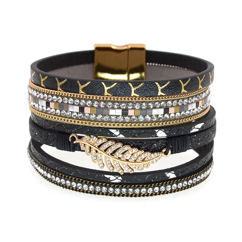 WELLMORE Leather bracelet For Women Fashion 2024 Boho Wide Wrap Bracelet feather Jewely wholesale