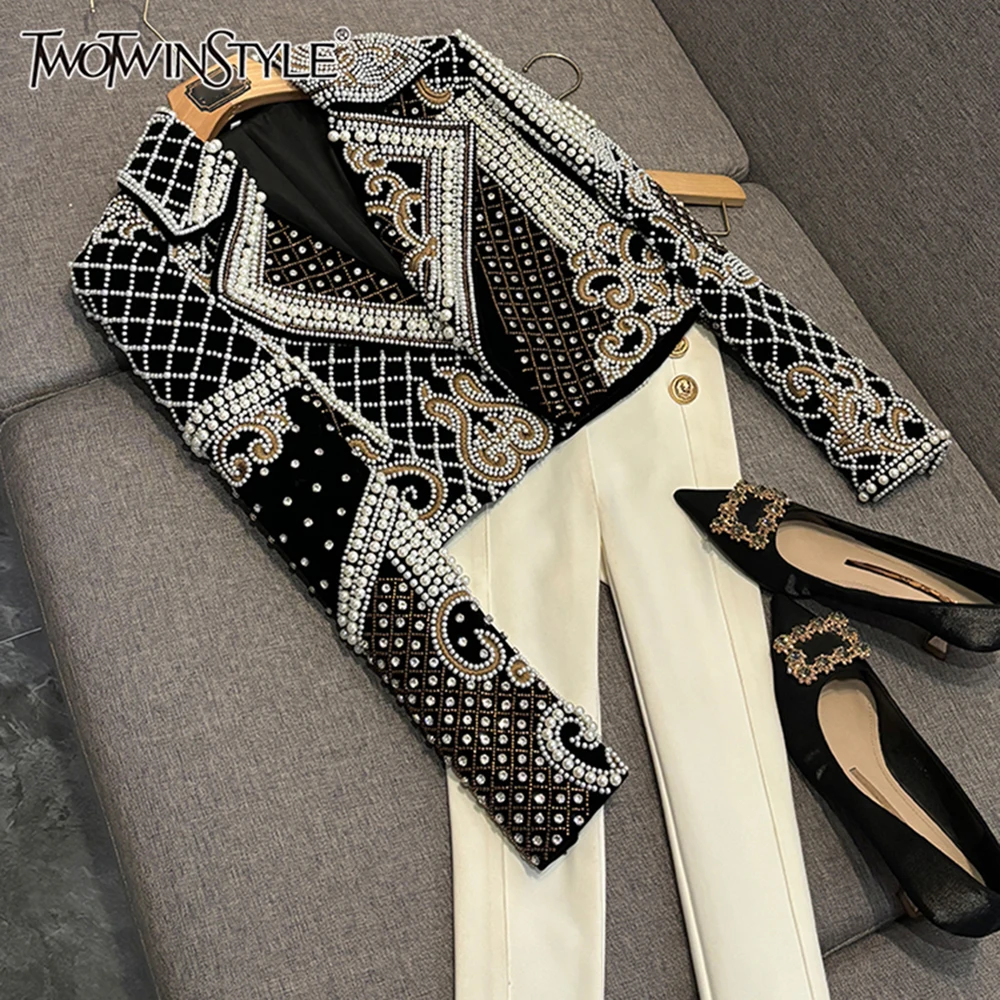 

TWOTWINSTYLE Luxuryslimming Solid Jackets For Women Lapel Long Sleeve Spliced Pearl Temperament Jacket Female Fashion KJA520839