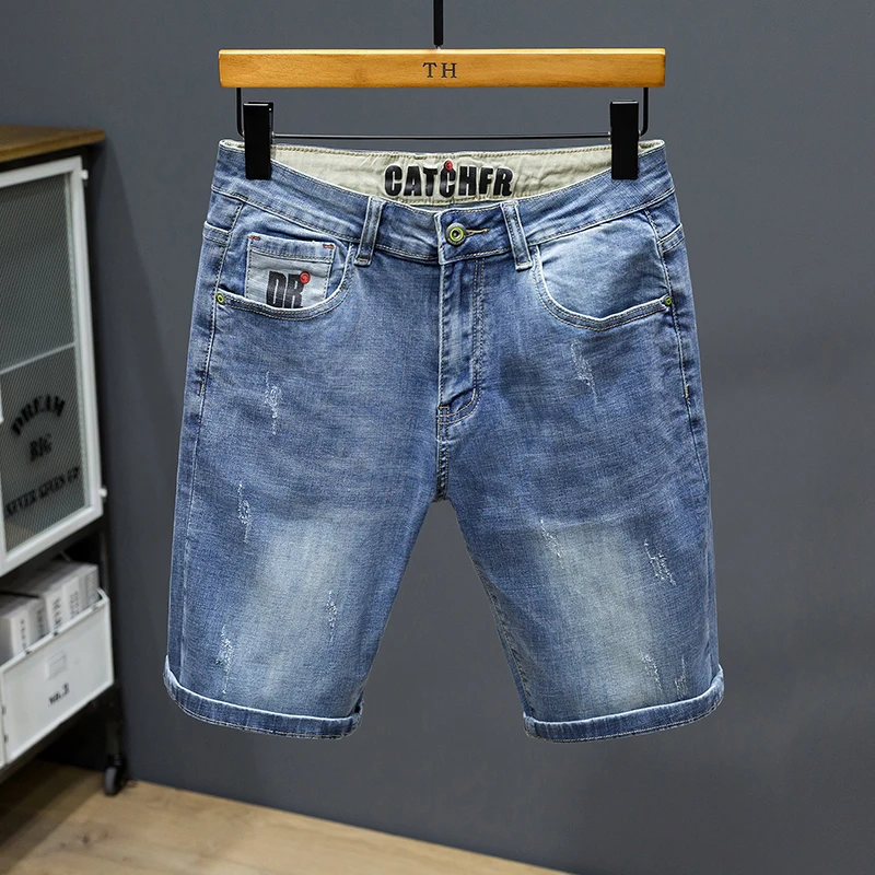 SHAN BAO 42 44 46 48 Mens Plus Size Denim Shorts Summer Brand High Quality Cotton Stretch Straight Loose Casual Shorts Blue