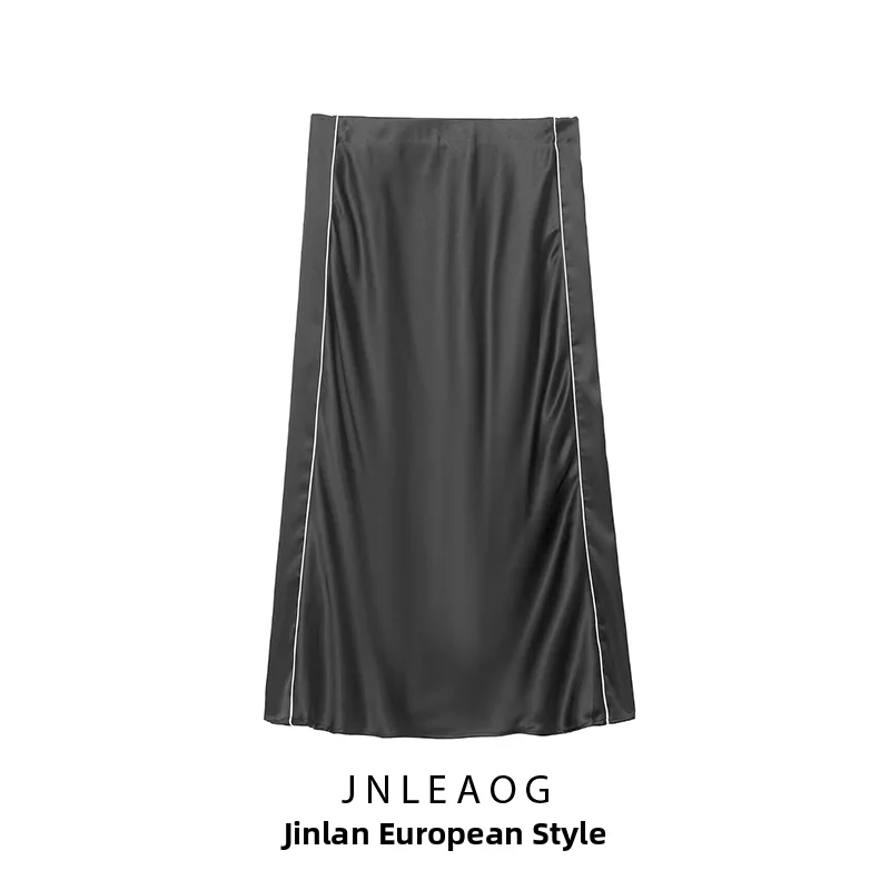 JNLEAOG Autumn New Casual Style Women's Satin Midi Skirt Color Block  Decoration Standard Fit Straight Leg Polyester Fiber