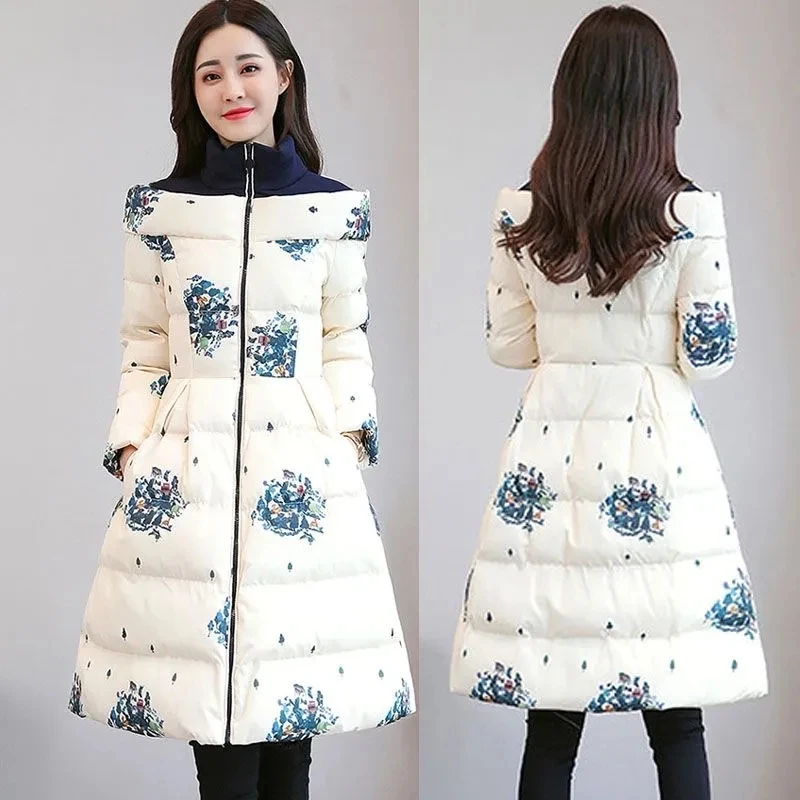 

Cotton Jacket Women's Medium long 2025 Winter New Korean version Slim Print Thick cotton Cloak Jacket Female Warm Parka Overcoat
