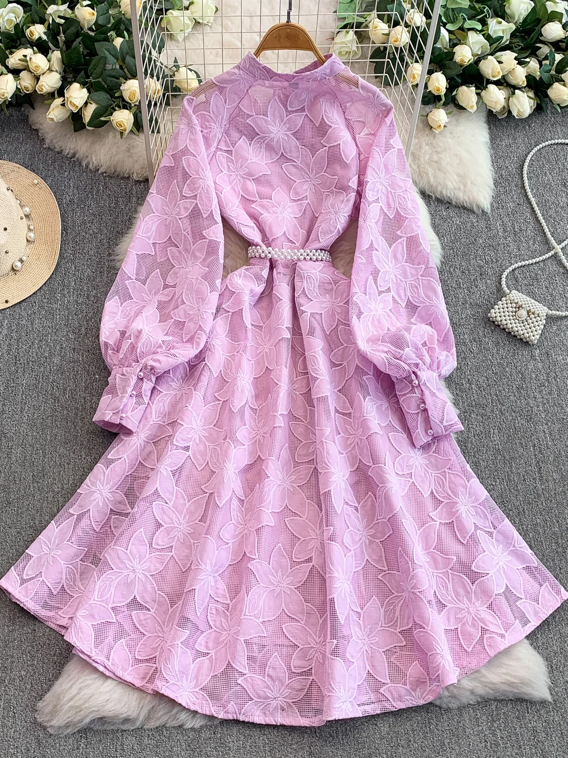 فستان نسائي مجوف مطرز باللون الأرجواني الفاتح عتيق أنيق بأكمام طويلة فساتين فاخرة Y2k ملابس حفلات قطعة واحدة 2025 #4