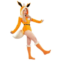 Mobbunny PM Derivative Women's Lingerie Bodysuit Plush Hooded Romper and Socks with Belt and Tail Cosplay Costume