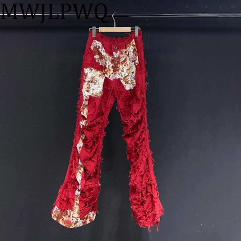 

MWJLPWQ Printed Lace Niche Design Men's Flared Pants High Street Rough Edge Red Loose Casual Y2K Trousers 2025 Autumn New 010659