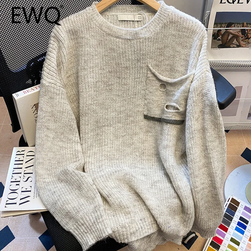 EWQ Simple Casual Style Long Sleeved Spliced Hollow Out Pocket Knitted Sweater Loose Women Pullover Tops 2025 Spring New X2253