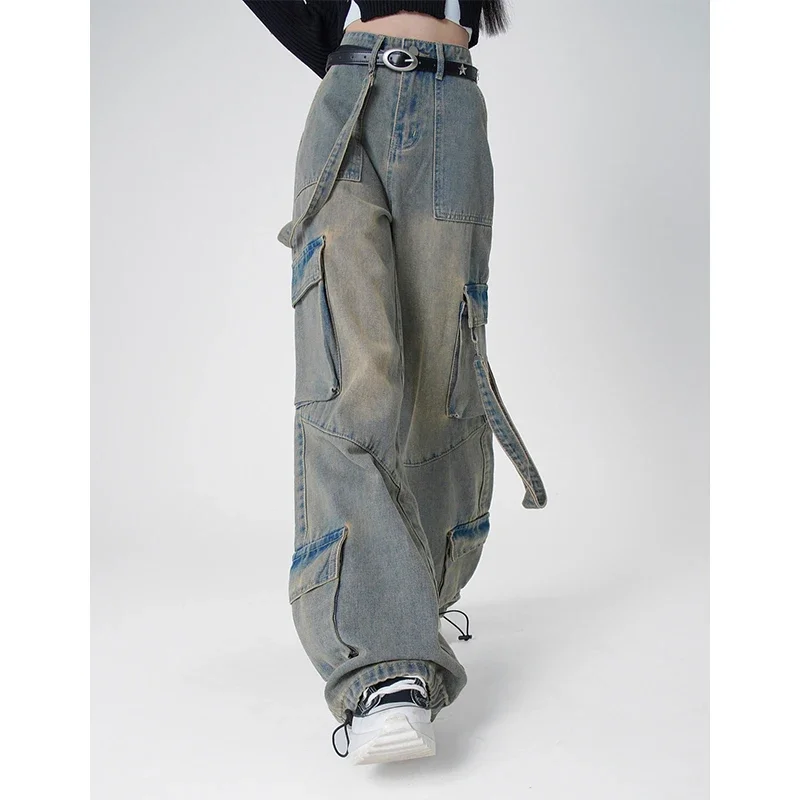 American Retro Oversized Baggy Y2K Jeans Women High Waist Casual  Pockets Cargo Pants Wide Leg Grunge Streetwear Denim Trouser