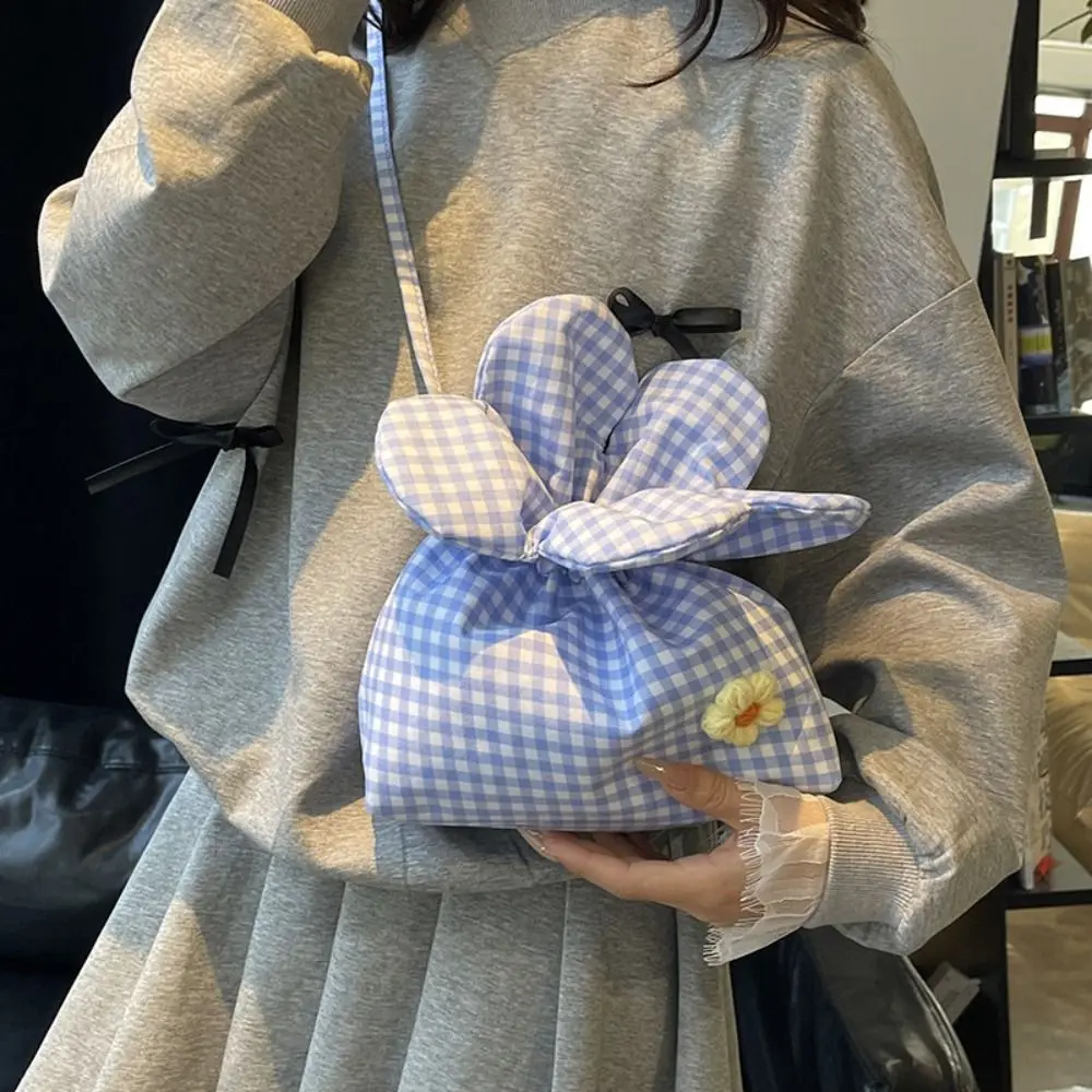

Literary Korean Style Plaid Drawstring Bag Printing Cloth Small Crossbody Bag Cute Large Capacity Flower Handbag Outdoor