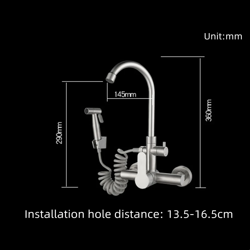 1pc 304 Stainless Steel Double Hole Hot and Cold Mixing Kitchen Faucet Wall Mount Balcony Laundry Swivel Tap With Spray Gun