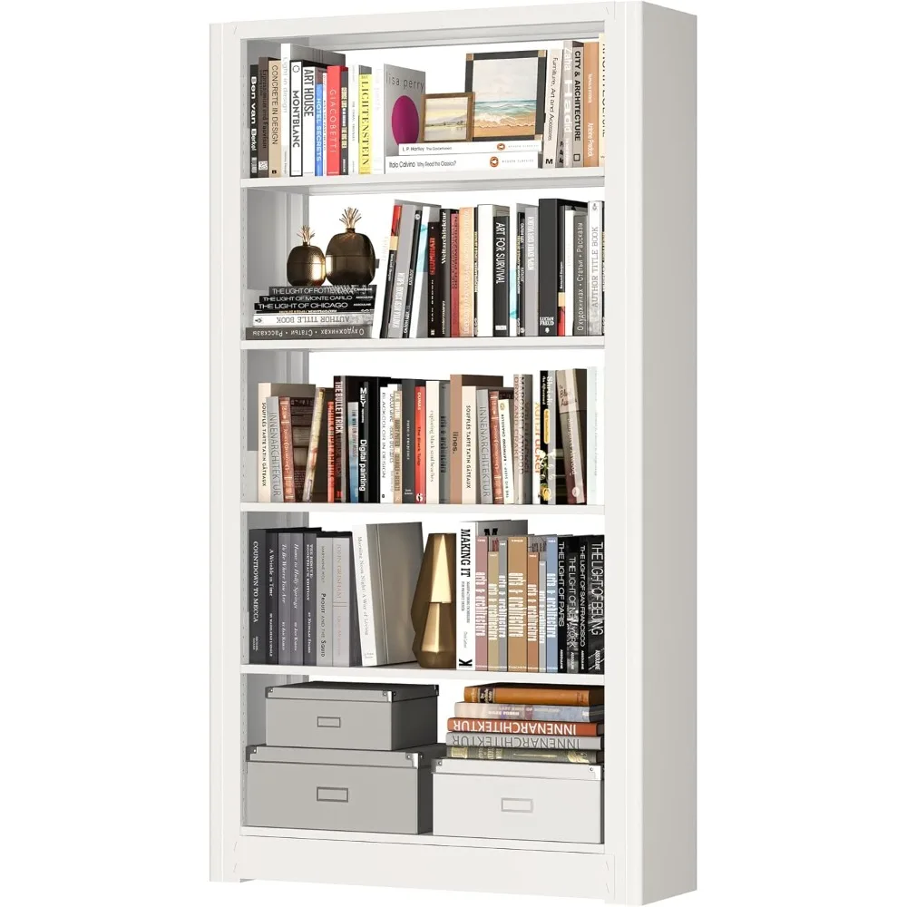 

Book Shelf,5-Tier White Bookshelf, Office Bookcases and Bookshelves,Tall Metal Storage Organizer,Freestanding Bookshelf