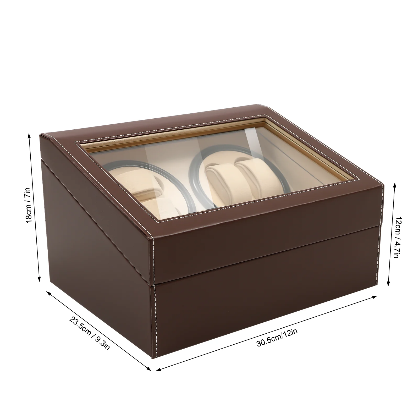 4 Rotor 6 Slot Watch Winder Box Brown PU MDF Frame Transparent Dust Cover Low Decibel Motor US 100-240V Adapter Individual Soft Watch Pillow Home Watch Retail Timepiece Storage Display Case