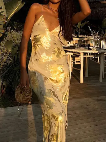 Sexy Spaghetti Strap V Neck Gold Stamping Bodycon Maxi Dress Women Backless Sleeveless Long Dress Evening Club Party Vestidos
