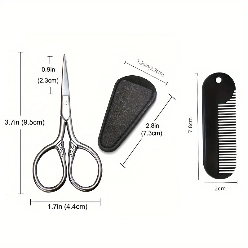 3Pcs Stainless Steel Makeup Grooming Scissors Mini Beard Comb With PU Leather Case For Manicure Nail Cuticle Beard Nose Trimmer