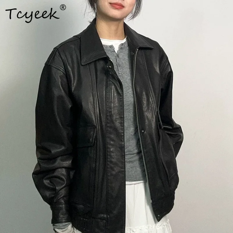 Tcyeek Real Leather Jacket Women Clothes Vintage Sheepskin Flight Bomber Coat Fashion Genuine Leather Jackets Куртка Кожаная