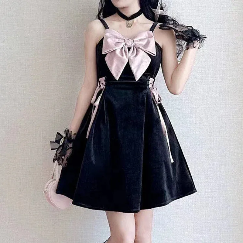 Robe mi-longue en velours pour femmes, Style japonais Kawaii, noir, rose, écharpe, douce princesse Lolita, avec nœud, taille haute, bretelles, automne 2025