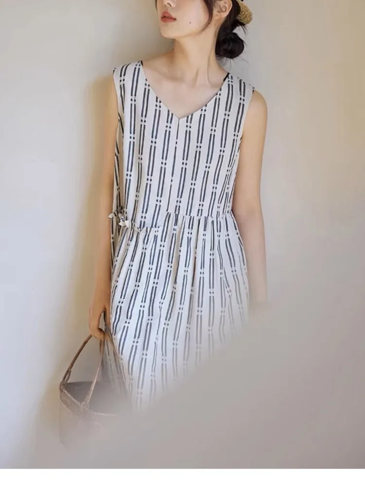 Oversized Sleeveless Vests Summer Striped Print Dress Women Fashion Ruffle Pleated Ladies Dresses Loose Woman Midi Vests Dress