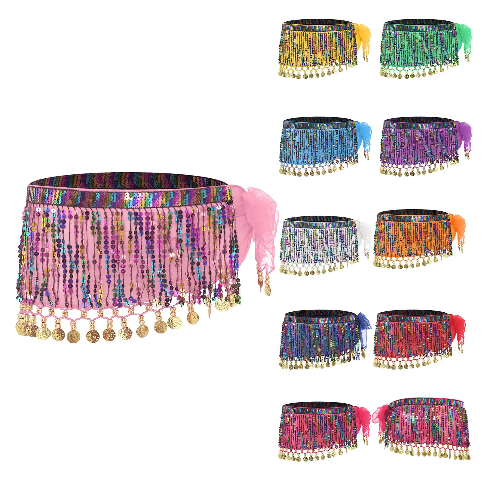 Women Belly Dance Hip Skirt Scarf Sequin Tassel Bling Bling Lace-Up Hip Skirt for Cha-Cha Belly Samba Latin Performing Hip Scarf