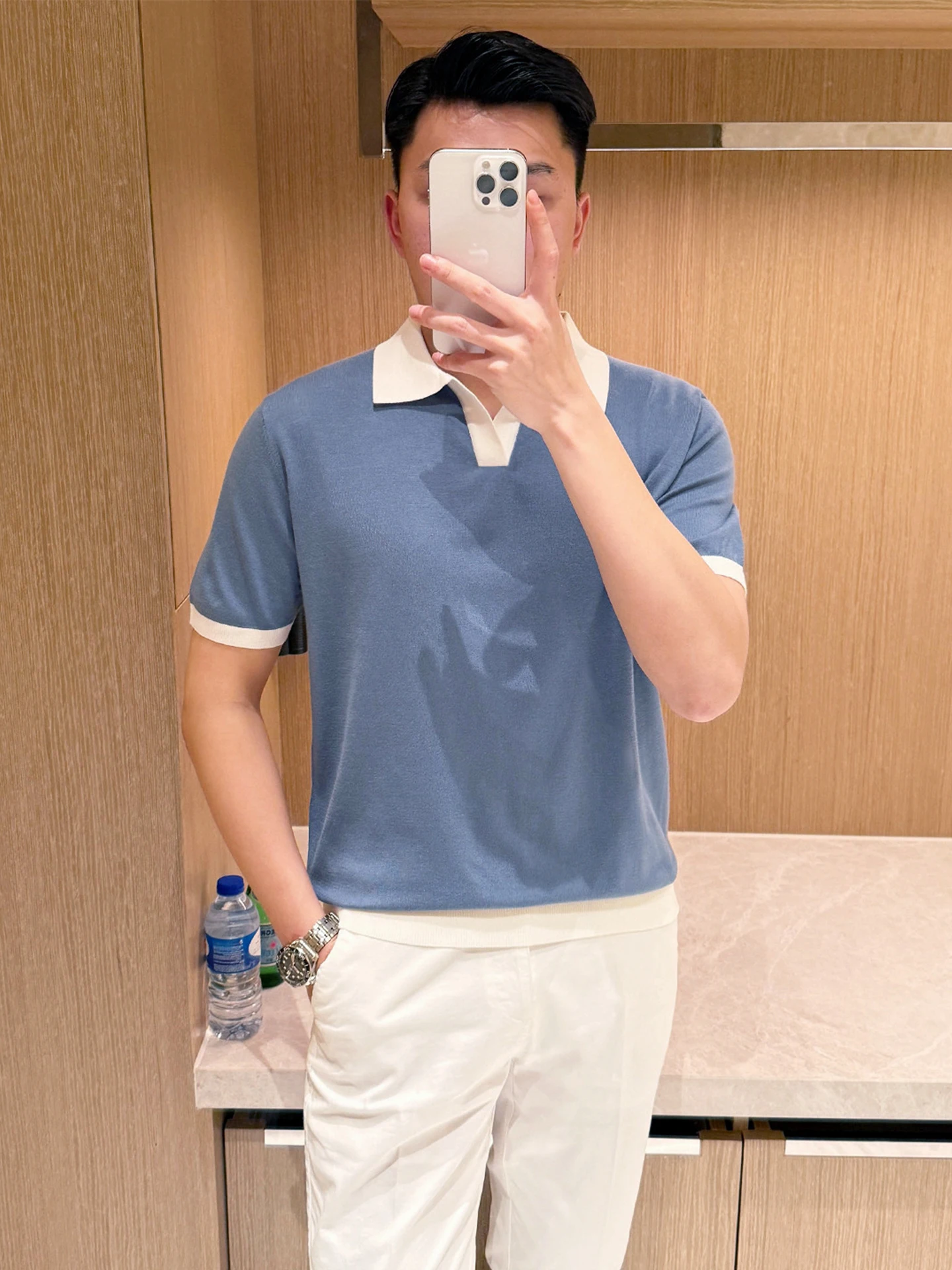 

Faionable High-End Color Blo cher Collar irt Men Summer New Casual Knitted ort Sve T-irt Men