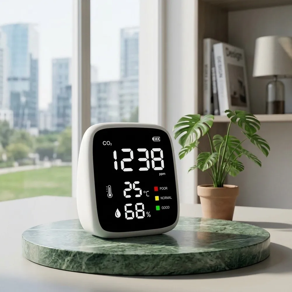Infrared 4-in-1 Air Monitor for Temperature Humidity and AQI Tracking in Homes Offices and Remodeled Interiors