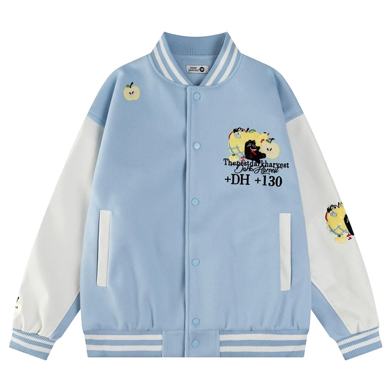 

Streetwear Varsity Jacket Mens Embroidered Cartoon Fruit Bomber Coat Casual Baseball Jacket Couple Fashion Outerwear Clothing
