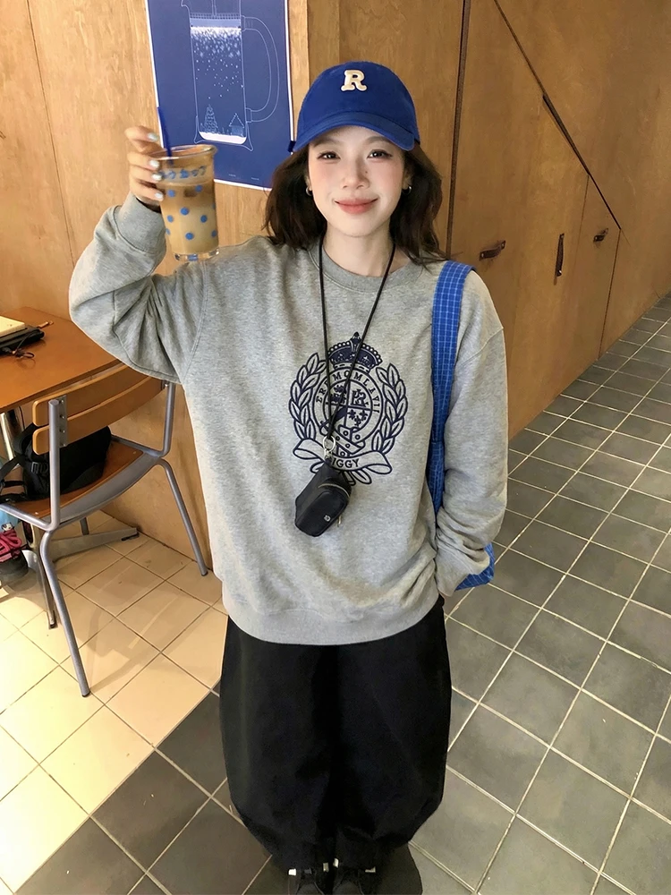 

Женская толстовка свободного кроя с круглым вырезом и длинными рукавами, модный принт, удобный теплый топ в корейском стиле для ранней весны