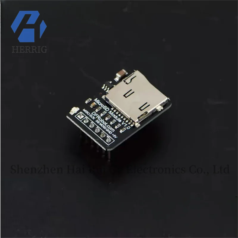 

Dfrobot's Arduino compatible MicroSD card reader module with a tiny memory card.