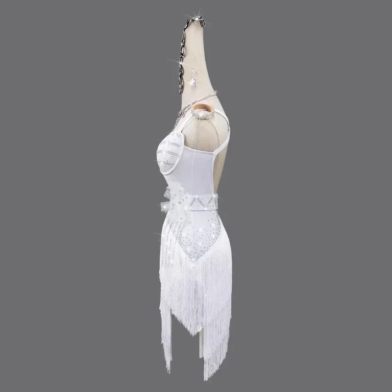White Latin Dance Dress Stage Performance Women Female Tassels Skirt Sports Costume Ball for Girls Practice Wear Prom Suit