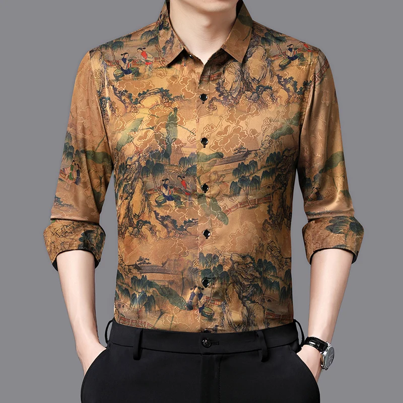 

Chinese Style Dress Men Shirt Long Sleeve Vintage Print Easy Care Spring Quality Silky Comfortable Coolness Casual Chemise Homme