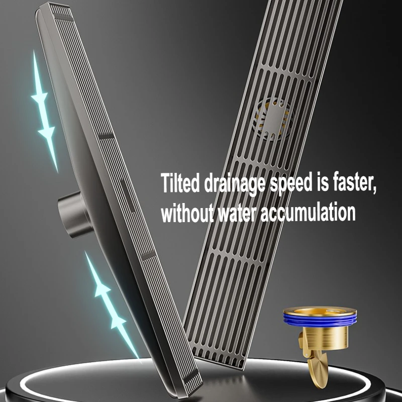 Tilted angle rectangular floor drain, stainless steel gray, high drainage capacity, odor and insect proof, bathroom drainage