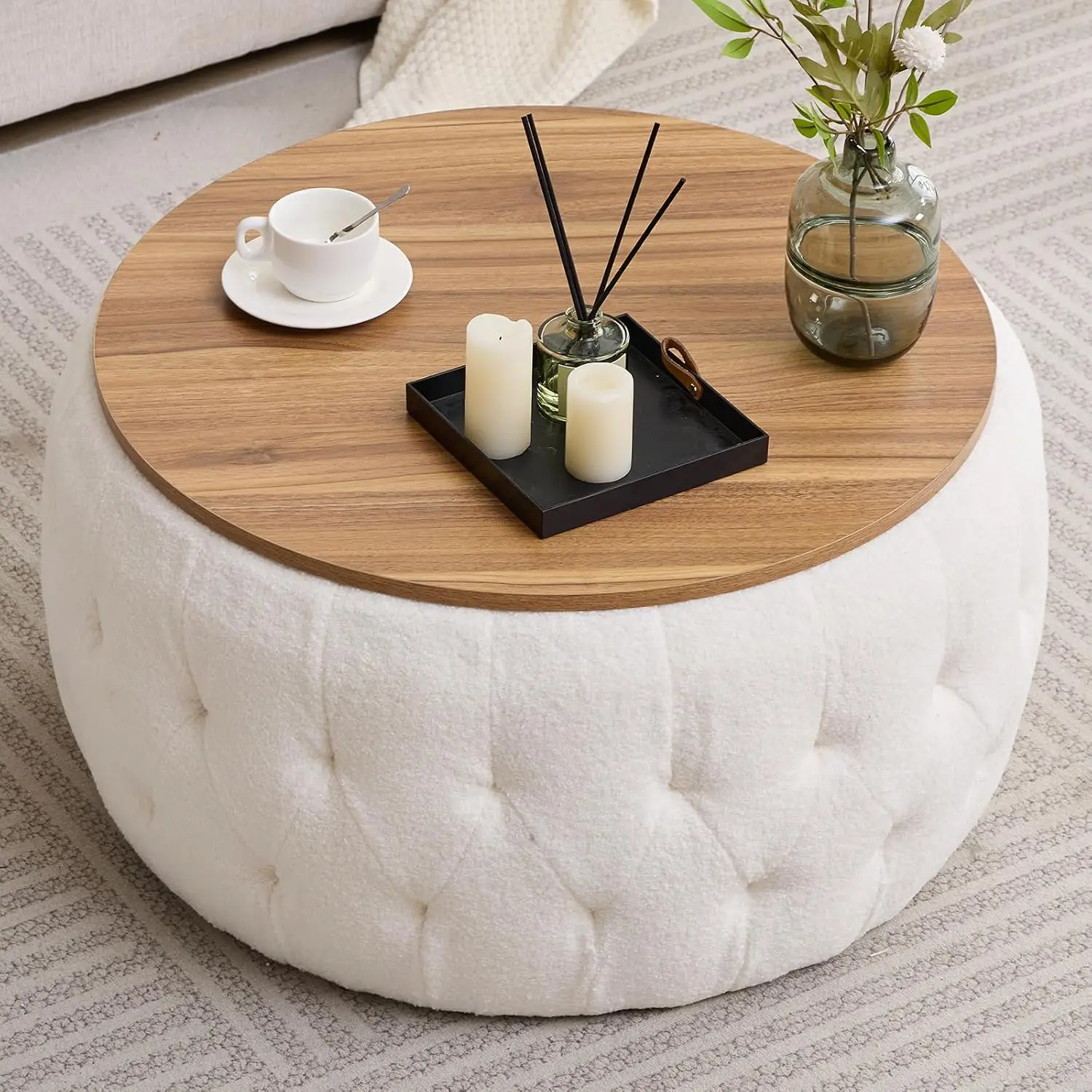 Storage Ottoman with Wooden Lid, Tufted Teddy Fabric Circle Ottoman Footrest Stool Bench Coffee Table for Living Room,White