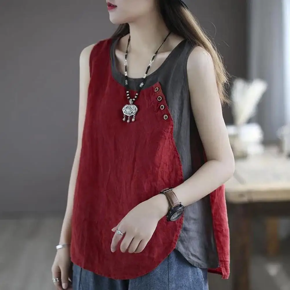 Buttons Up Linen Women Tank Top Vintage Color Patchwork Sleeveless Loose Women Blouse Women Casual Tank Tops Retro T-shirt